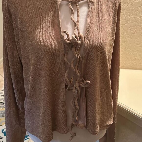 Andie Swim Women's Size S Long Sleeve Tie Up Gold Sparkle Top Resortwear Coverup - Picture 2 of 6